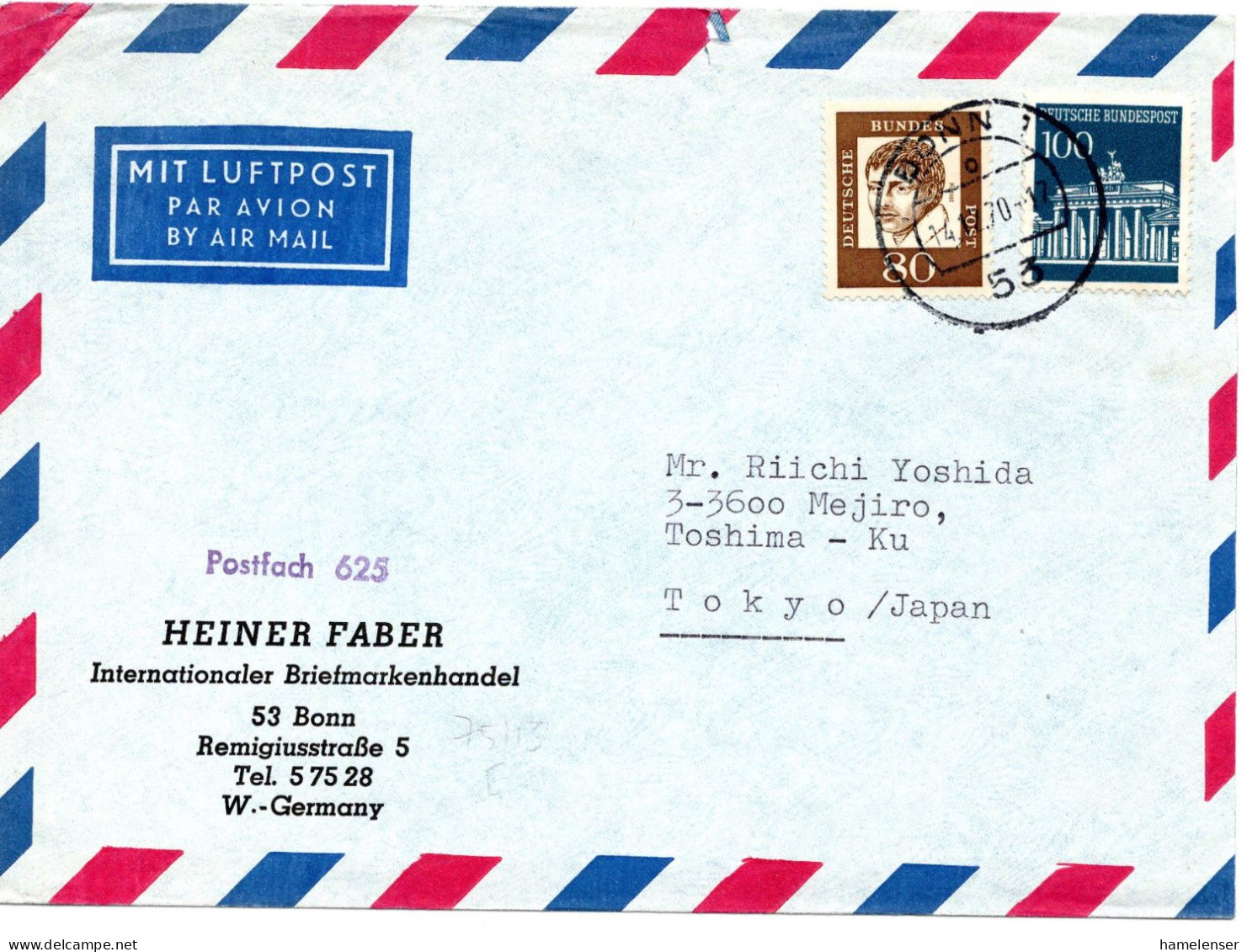 67656 - Bund - 1970 - 100Pfg Brandenburger Tor MiF A LpBf BONN -> Japan - Briefe U. Dokumente