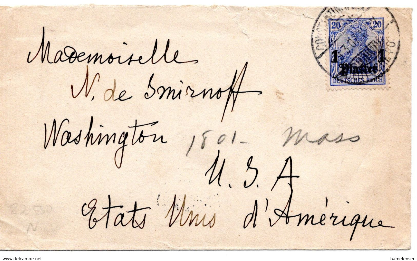 67665 - Deutsches Reich / Post In Der Tuerkei - 1907 - 1Pia/20Pfg Germania EF A Bf CONSTANTINOPEL -> WASHINGTON DC (USA) - Deutsche Post In Der Türkei