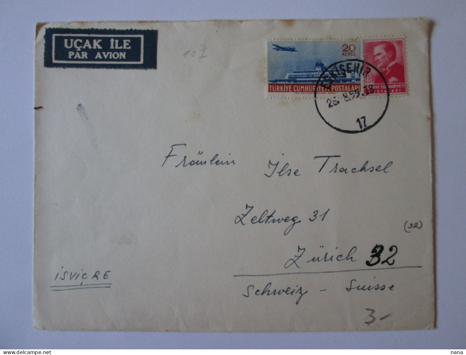 Turquie/Turkey-Eskișehir Enveloppe Recommandee Par Avion 1955/Registered Cover Air Mail 1955 - Briefe U. Dokumente