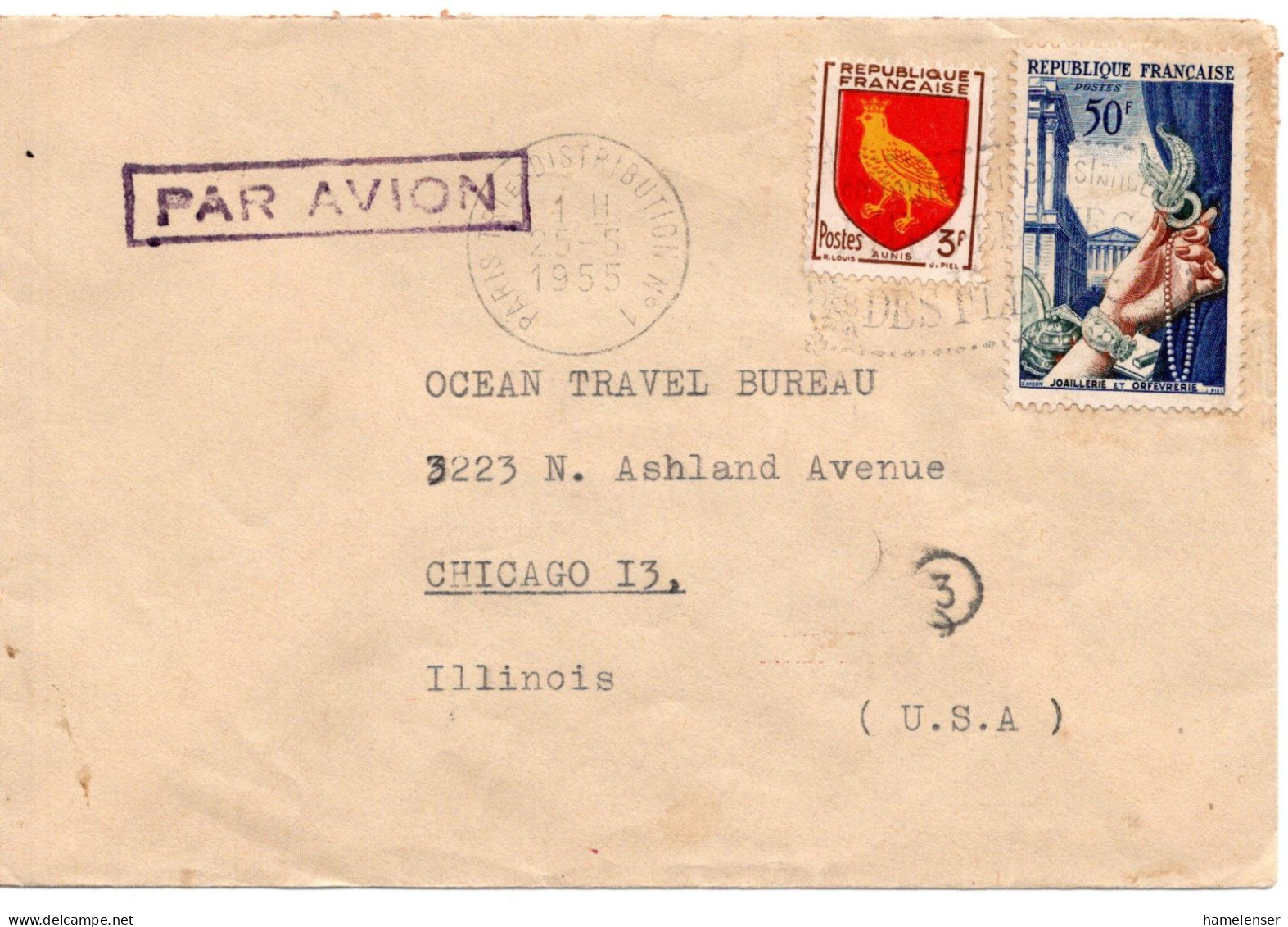 67676 - Frankreich - 1953 - 50F Juwelen MiF A LpBf PARIS -> Chicago, IL (USA) - Lettres & Documents