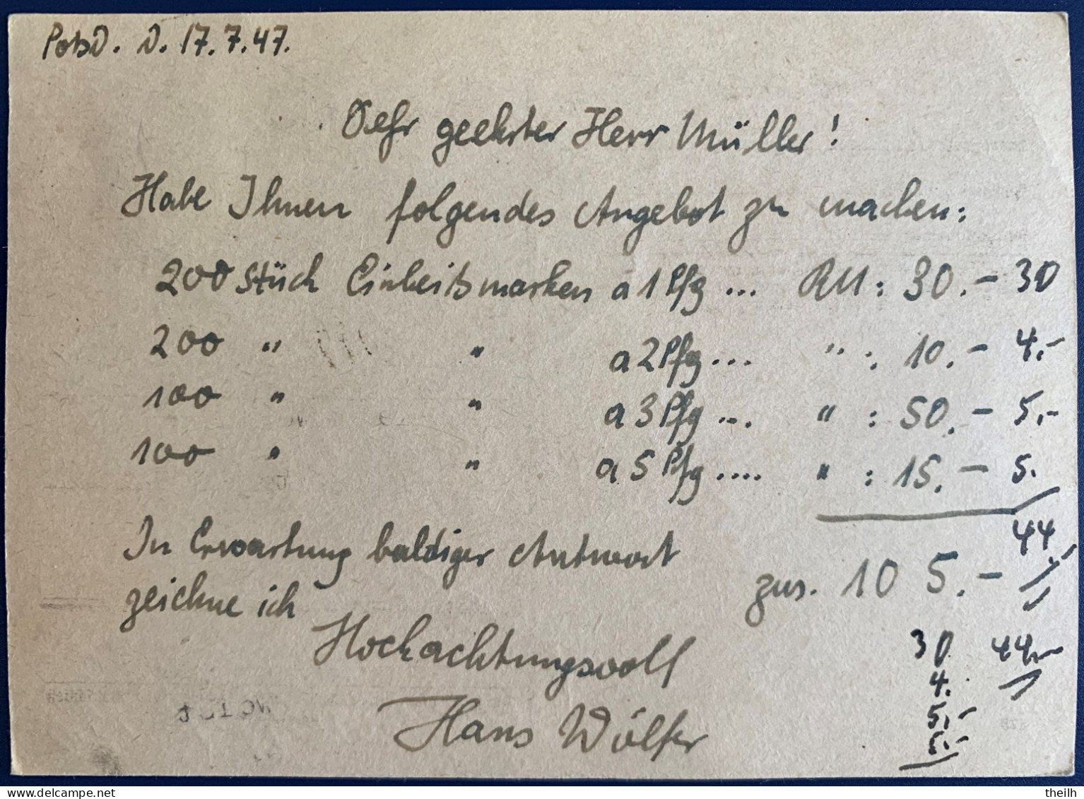 Postkarte, Alliierte Besetzung, Gemeinschaftsausgaben, 1947 - Entiers Postaux