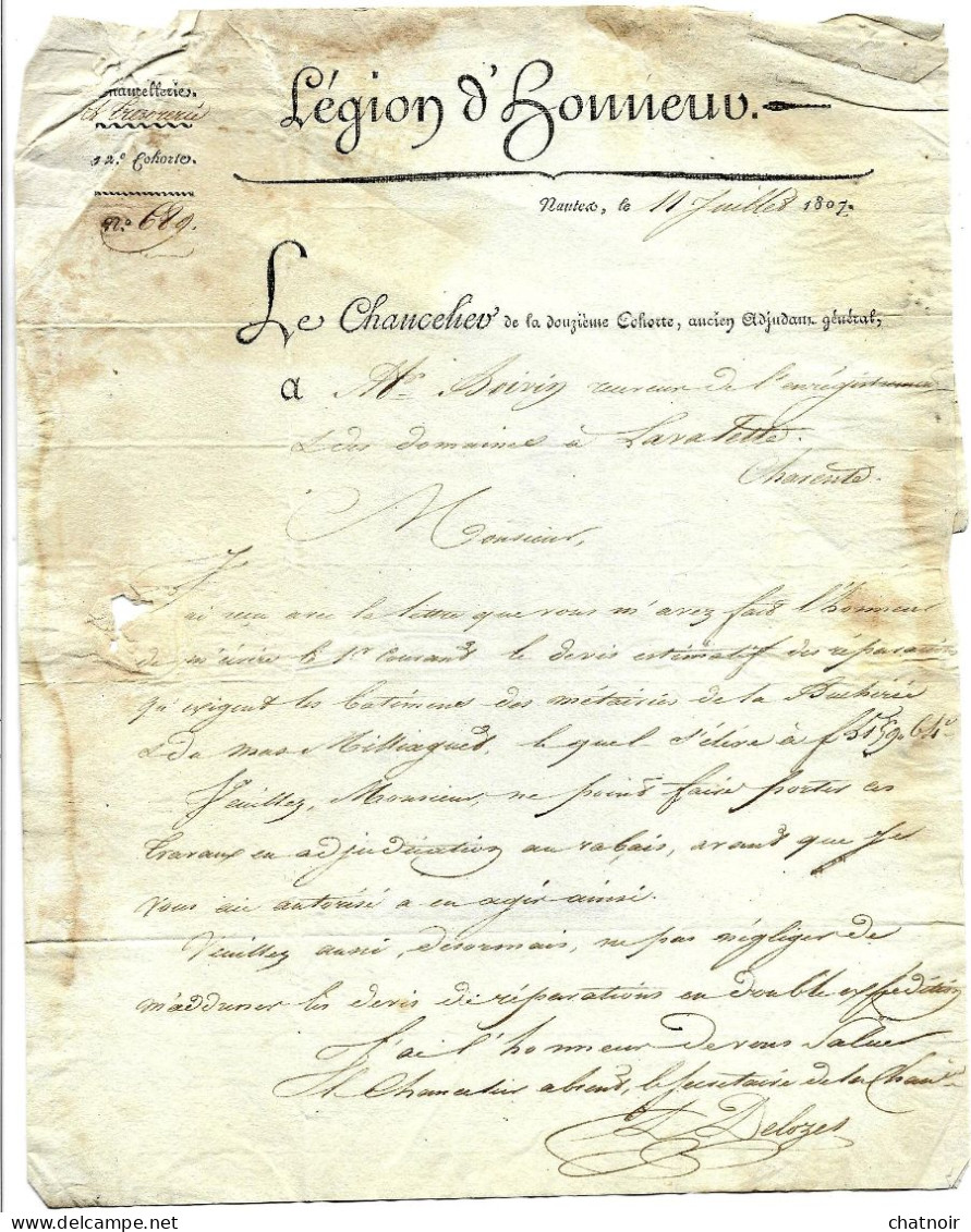 Document  LEGION D ' HONNEUR   NANTES 1807 Port Payé + Legion D'honneur Pour La Charente - Non Classés