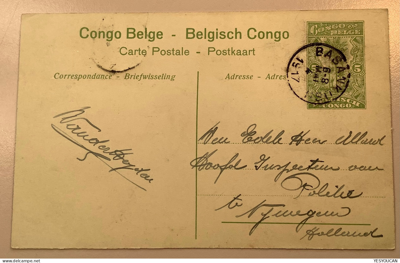 BASANKUSU1917entier Postal Illustré5c PONTHIERVILLE STATION54>Nijmegen Netherlands (Congo Belge Ananas Postal Stationery - Covers & Documents