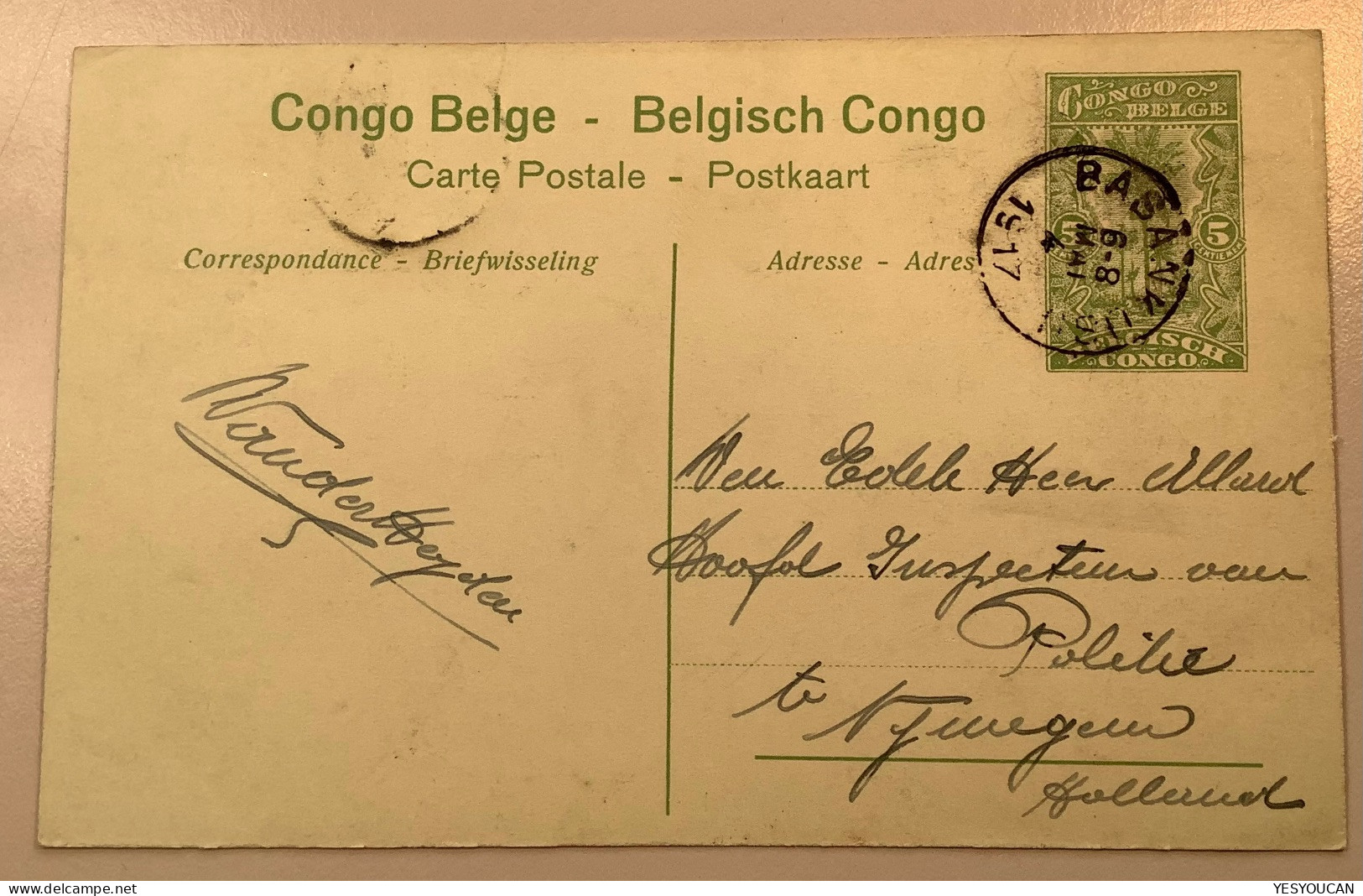 BASANKUSU1917entier Postal Illustré5c PONTHIERVILLE STATION54>Nijmegen Netherlands (Congo Belge Ananas Postal Stationery - Brieven En Documenten