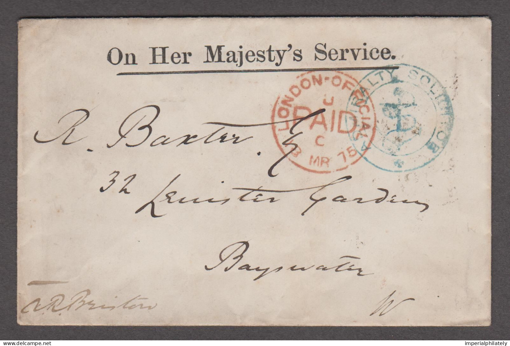 1875 (Mar 18) OHMS Envelope With "Admiralty Solicitor" Anchor Cachet (matching Embossed Logo On Backflap) - Servizio