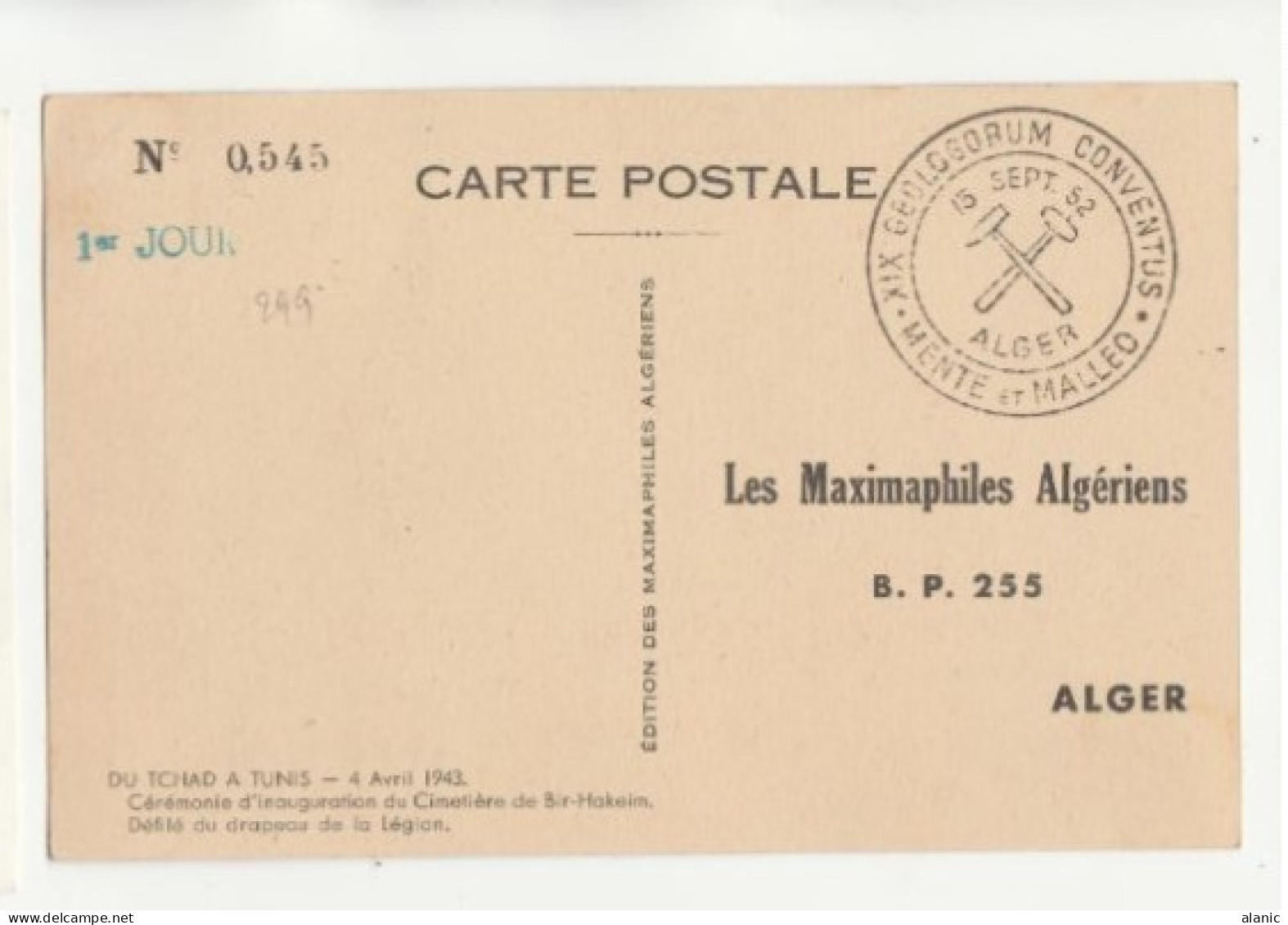 Carte-Maximum ALGERIE N°Yvert 299 / Cérémonie D'inauguration Du Cimetière De Bir-Hakeim= XIX GEOLOGORUM-ALGER  15-9-52 - Cartoline Maximum