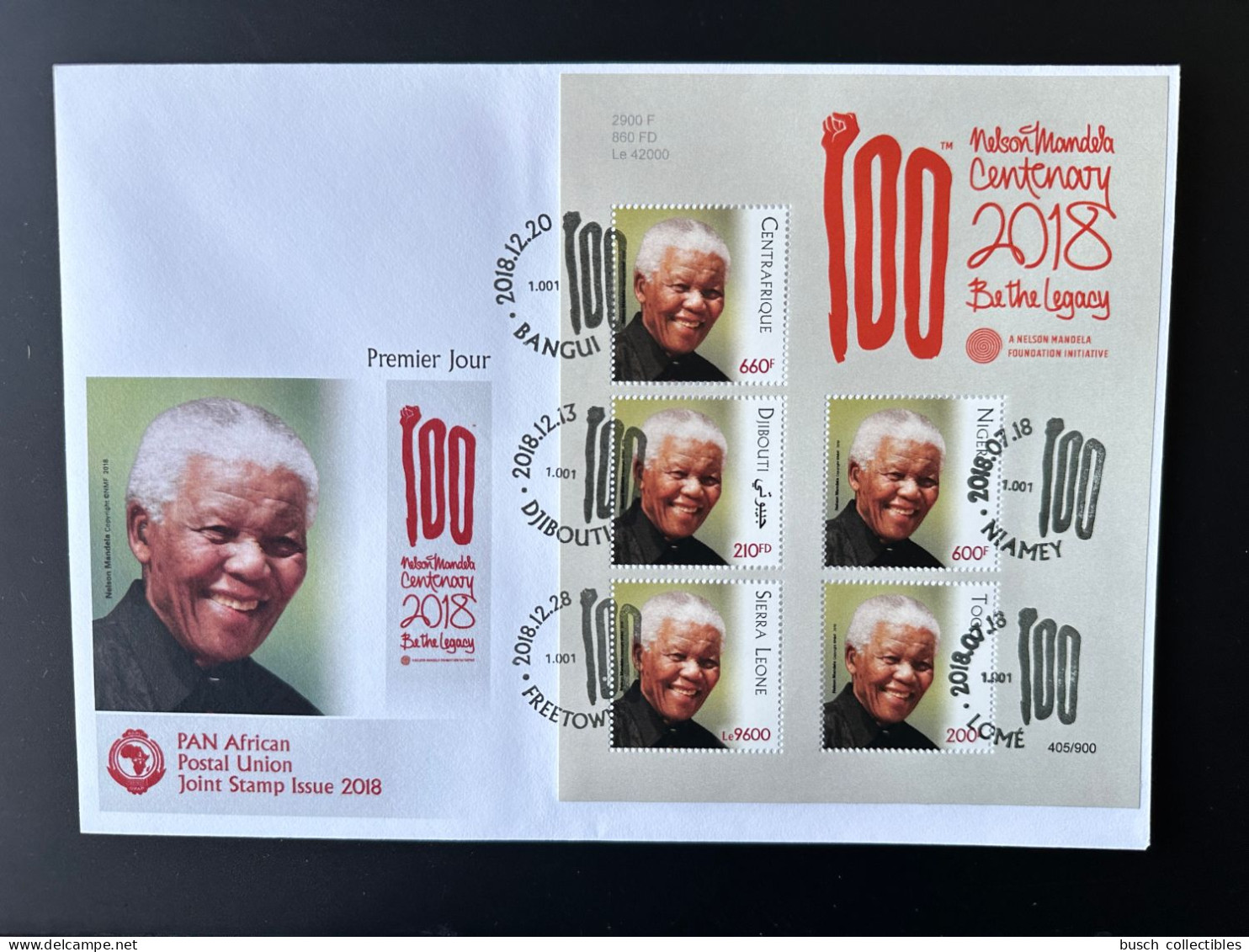 Djibouti Central Africa Togo Sierra Leone Niger 2018 PAN African Postal Union Nelson Mandela Madiba 100 Years - República Centroafricana