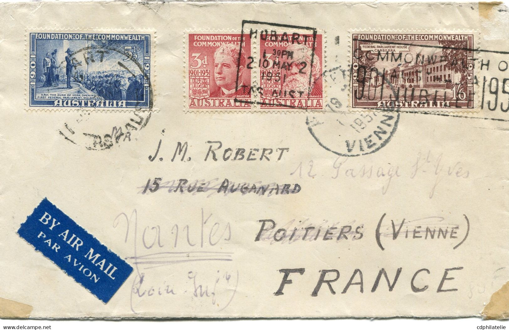 AUSTRALIE LETTRE PAR AVION DEPART HOBART ?-?-51 POUR LA FRANCE - Lettres & Documents