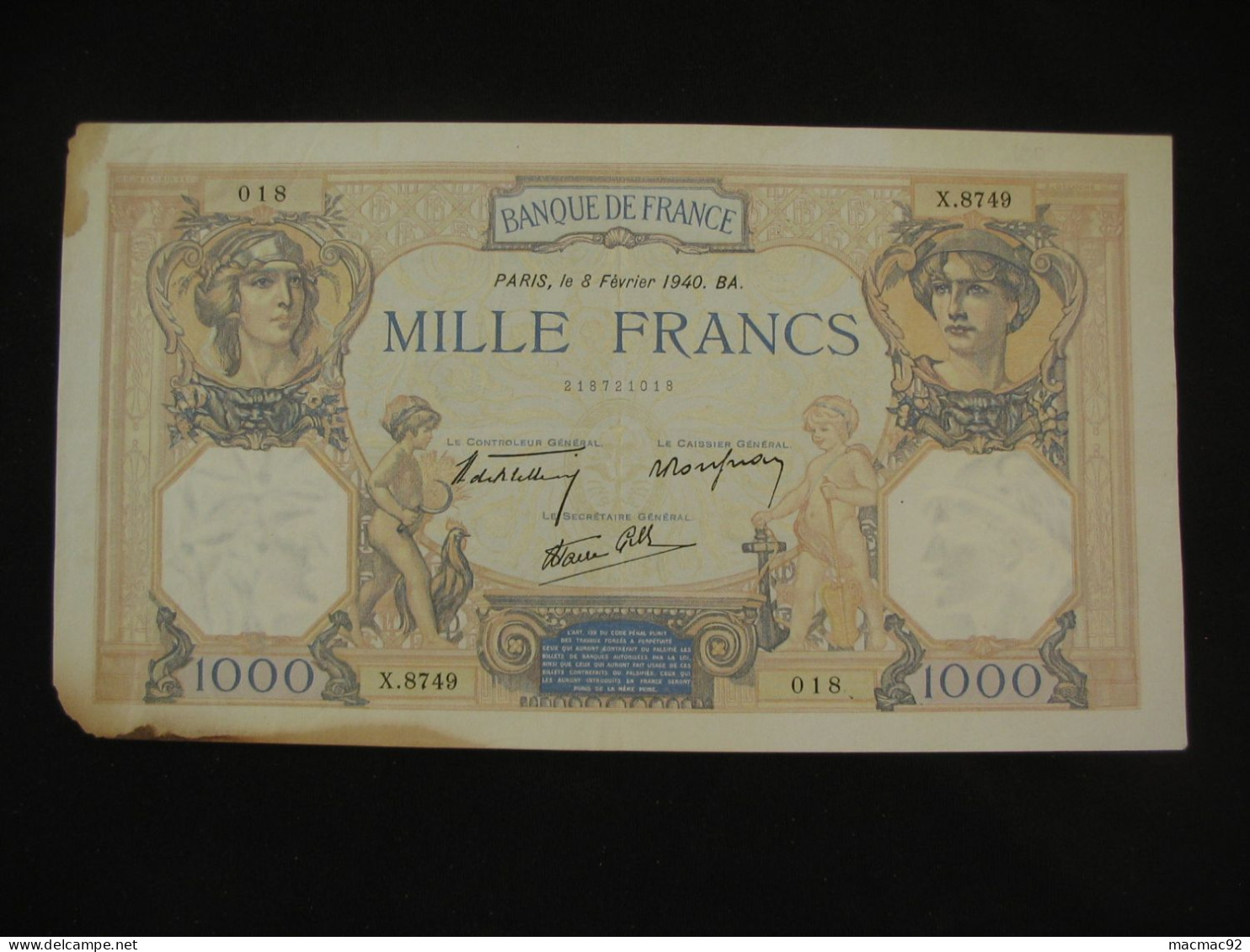 1000 Mille Francs - Céres Et Mercure - 8 Février 1940  **** EN ACHAT IMMEDIAT **** - 1 000 F 1927-1940 ''Cérès Et Mercure''