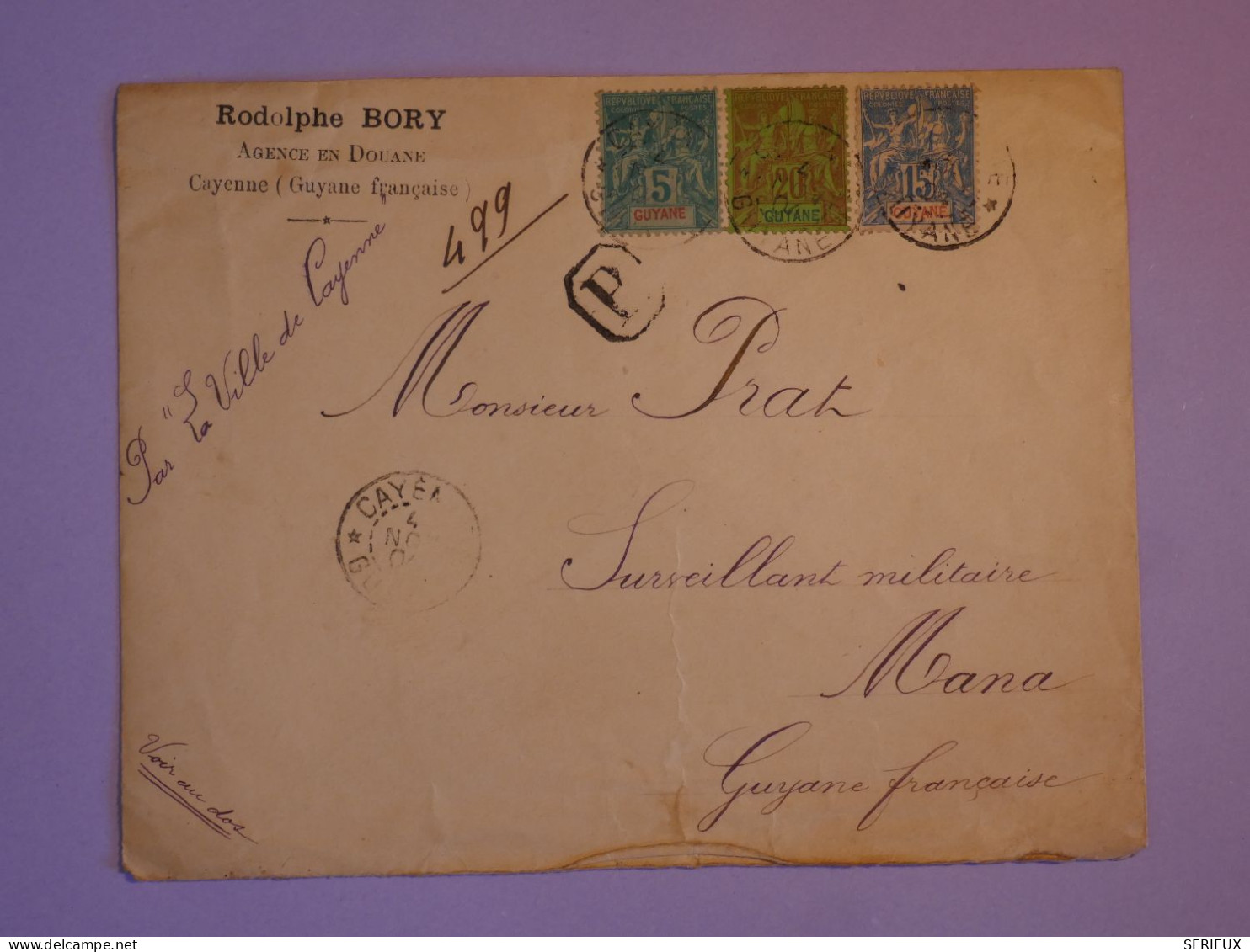 BV4 GUYANNE  BELLE  LETTRE DOUANE RARE 1904  CAYENNE A MANA N° 33 35 36  +AFF.INTERESSANT+ - Lettres & Documents