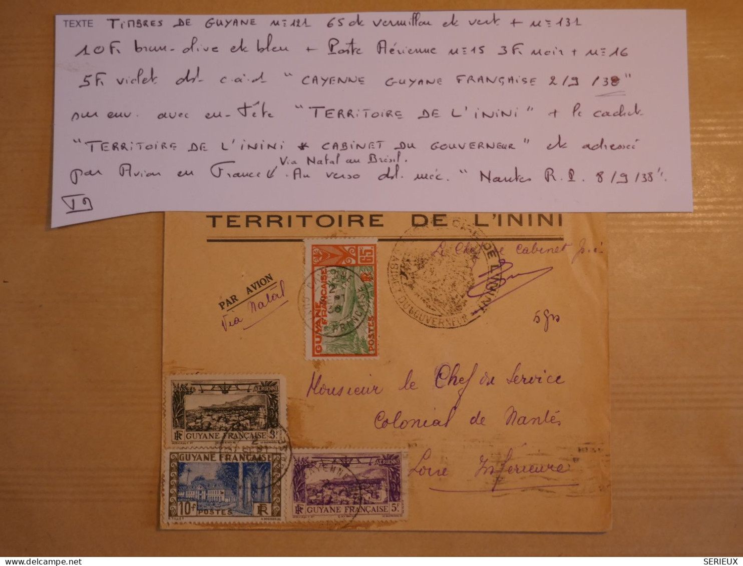 BV4 GUYANNE  BELLE  LETTRE RR 1938  TERRRITOIRE DE L ININI A NANTES FRANCE +CACHET GOUVERNEMENT+ - Lettres & Documents