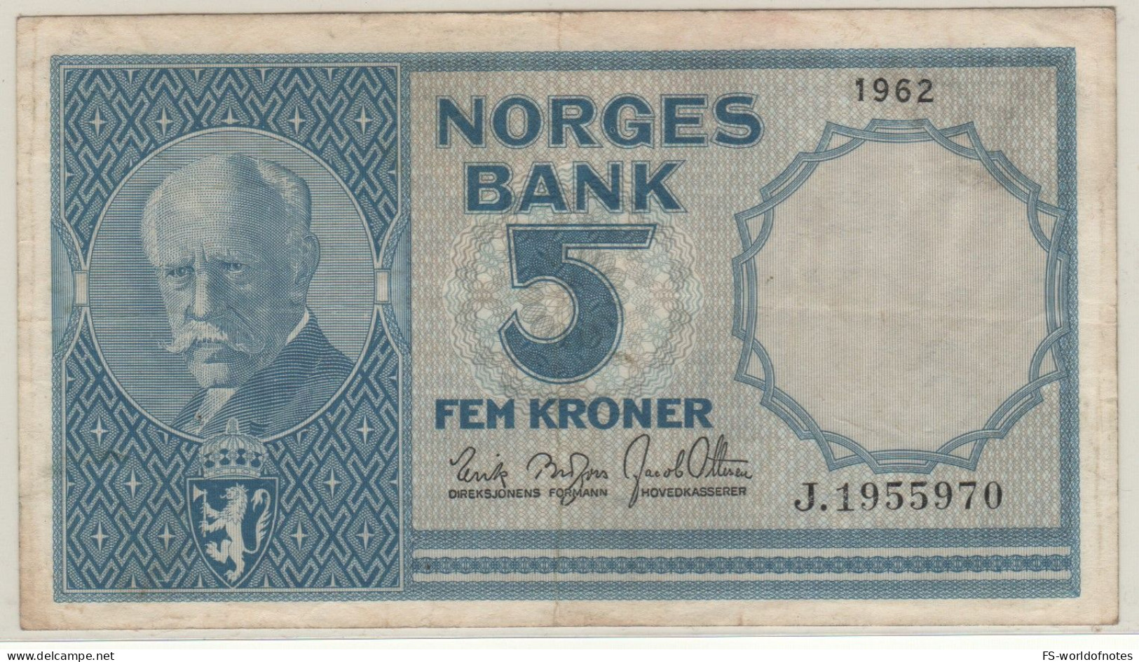 NORWAY  5 Kroner   P30g   Dated  1962  ( Fridtjof Nansen  +  Fishery At Back ) - Norwegen