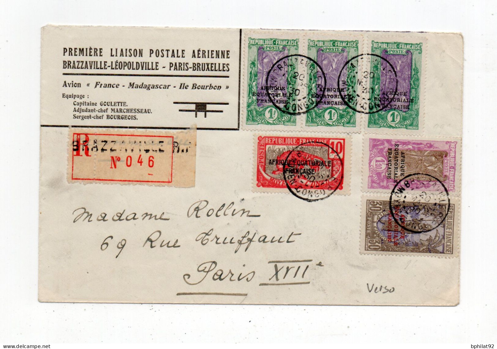 !!! CONGO, 1ERE LIAISON POSTALE AERIENNE BRAZZAVILLE -LEOPOLDVILLE PARIS-BRUXELLES VOL GOULETTE DU 20/3/1930 - Covers & Documents