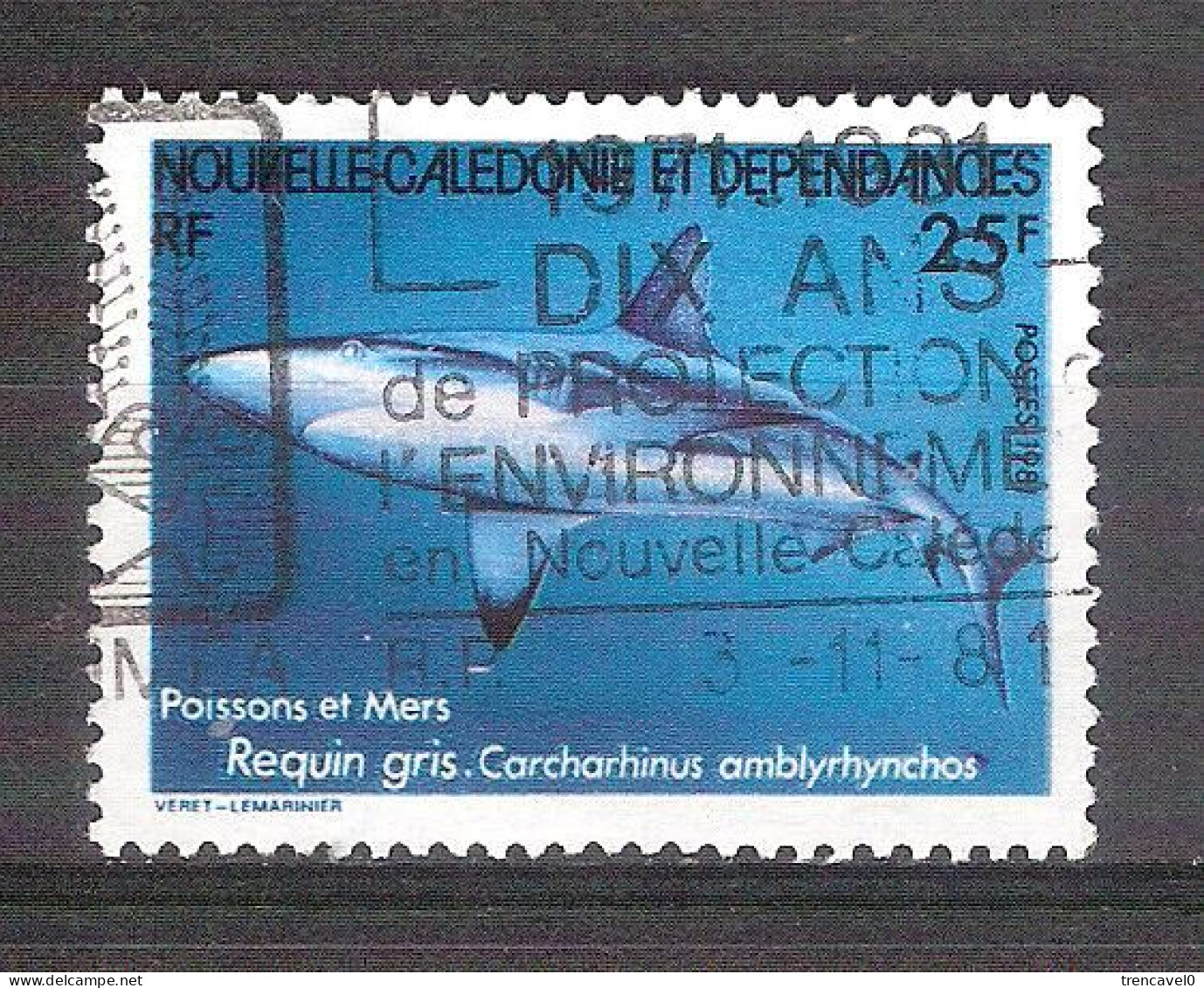 Nueva Caledonia 1981-1 Sello Usado -Tiburon Gris De Arrecife (Carcharhinos Amblyrhyhchos)-Matasello Especial - Usados