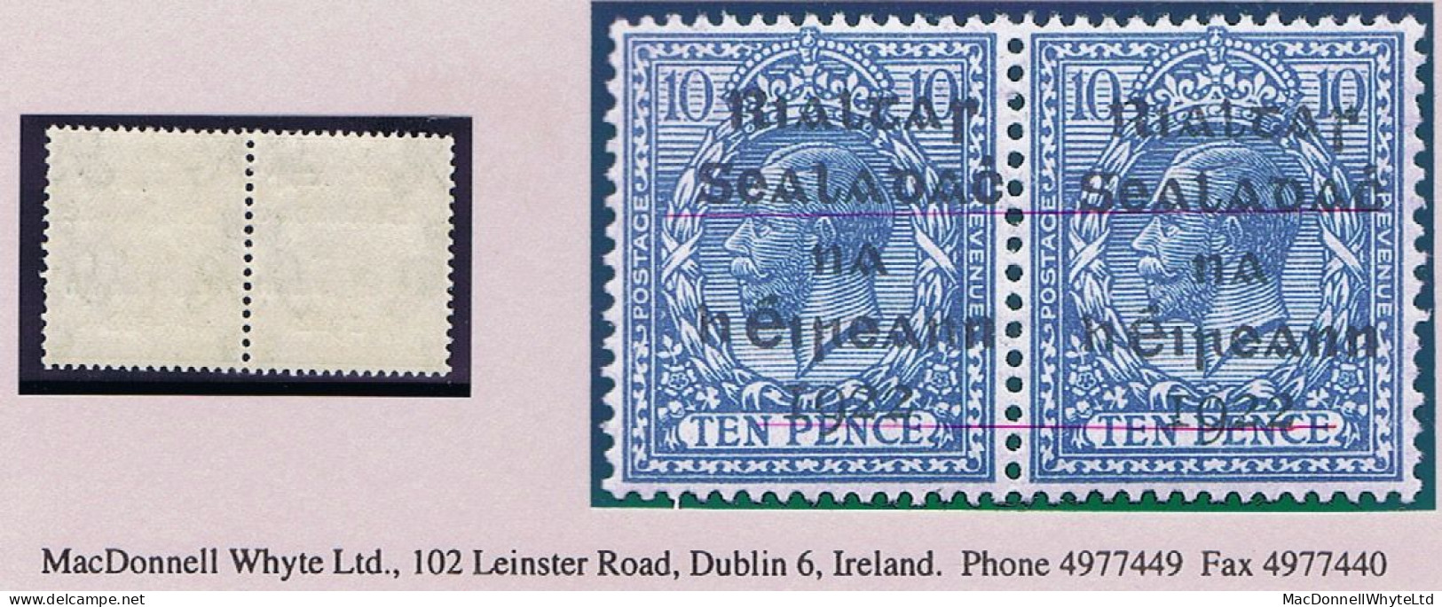 Ireland 1922 Dollard Rialtas 5-line Overprint On 10d Turquoise, Variety "Out-of-alignment" A Mint Horizontal Pair - Neufs