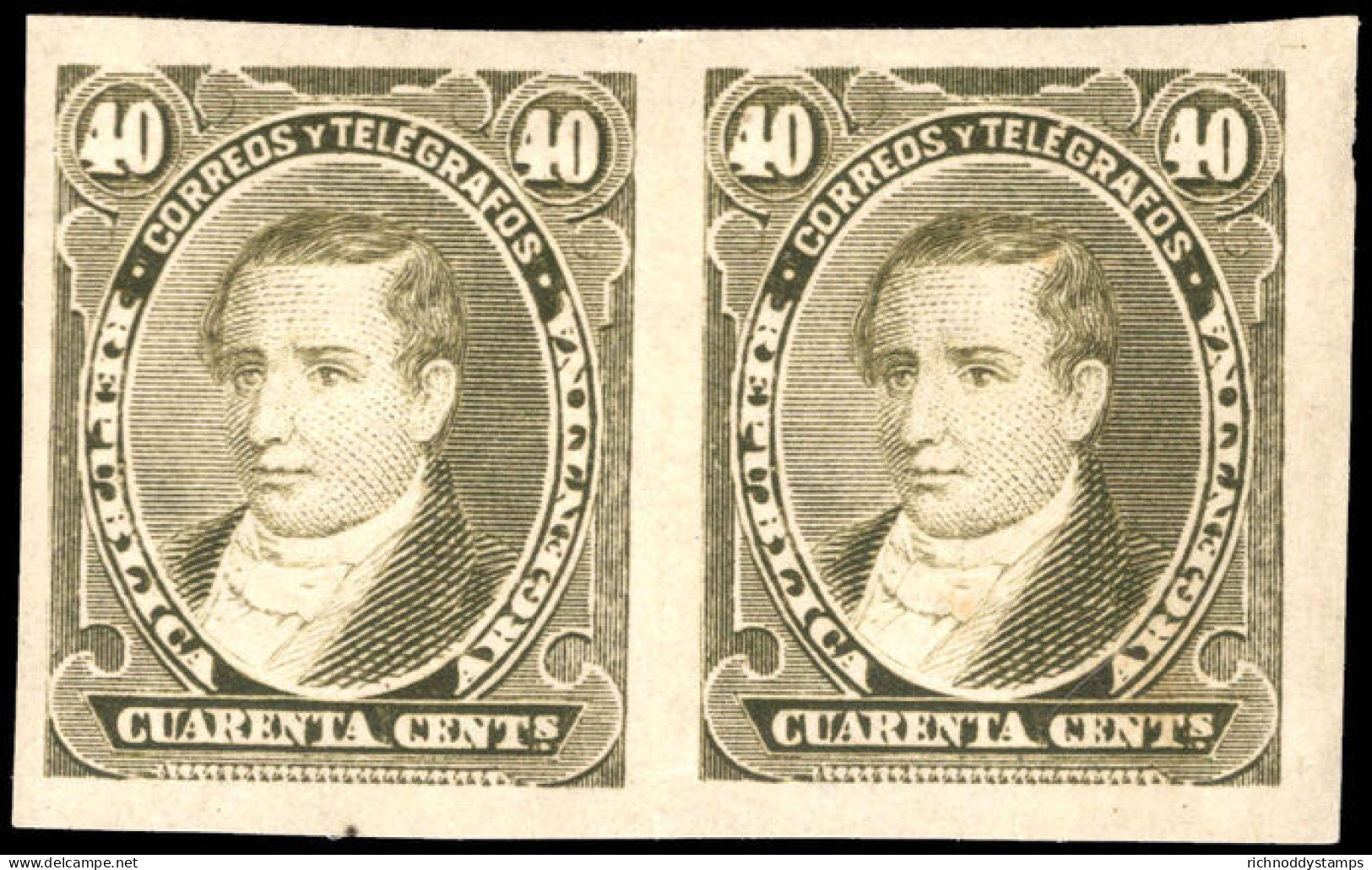 Argentina 1888-91 40c Olive-green Imperf Pair Fine Unmounted Mint. - Unused Stamps