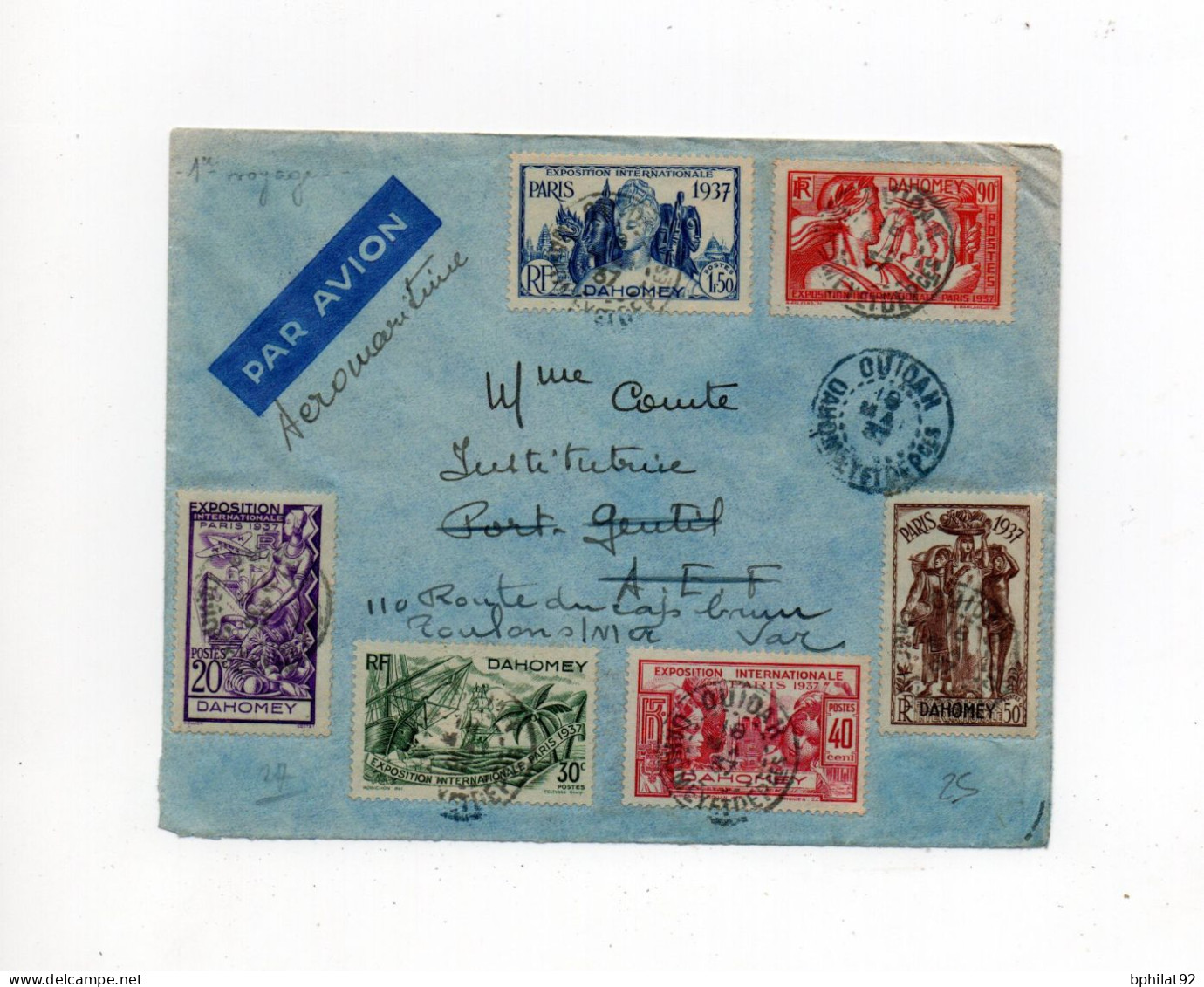 !!! DAHOMEY, SERIE EXPO 1937 SUR LETTRE DE OUIDAH CACHET 1ER VOYAGE AEROMARITIME SENEGAL - CONGO MAI 1937 - Brieven En Documenten