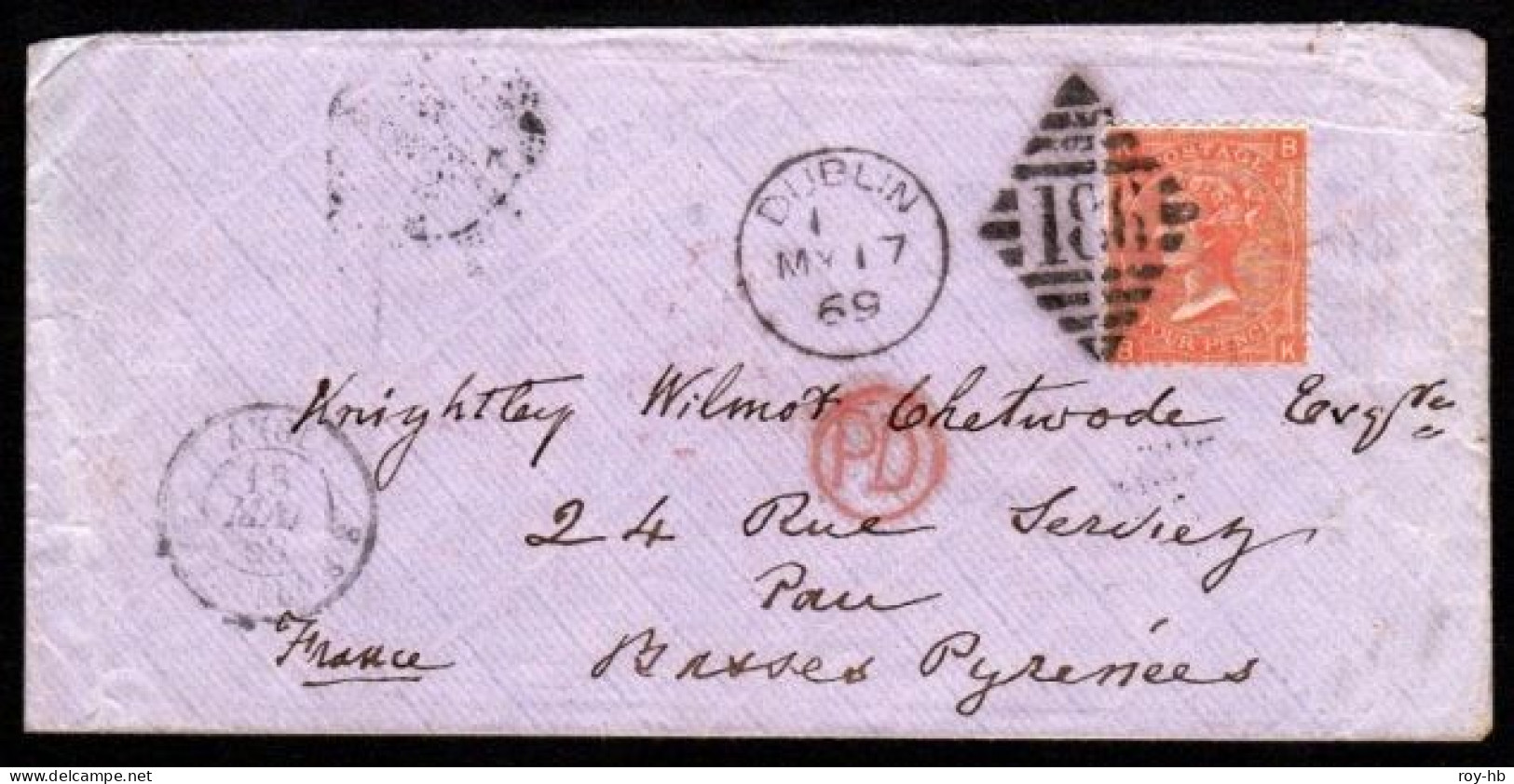 1869 Flimsy Cover Addressed To Pau (Fr. Pyrinees) Franked With Wmk. Large Garter 4d Vermillion Pl. 10 (RR!) - Vorphilatelie