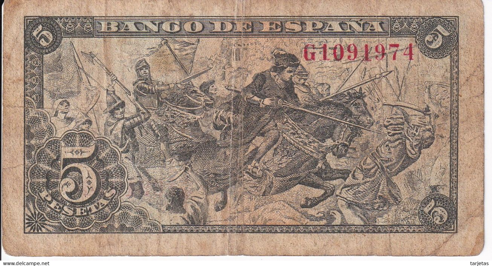 BILLETE DE ESPAÑA DE 5 PTAS DEL 15/06/1945 SERIE G CALIDAD RC  (BANKNOTE) - 5 Pesetas