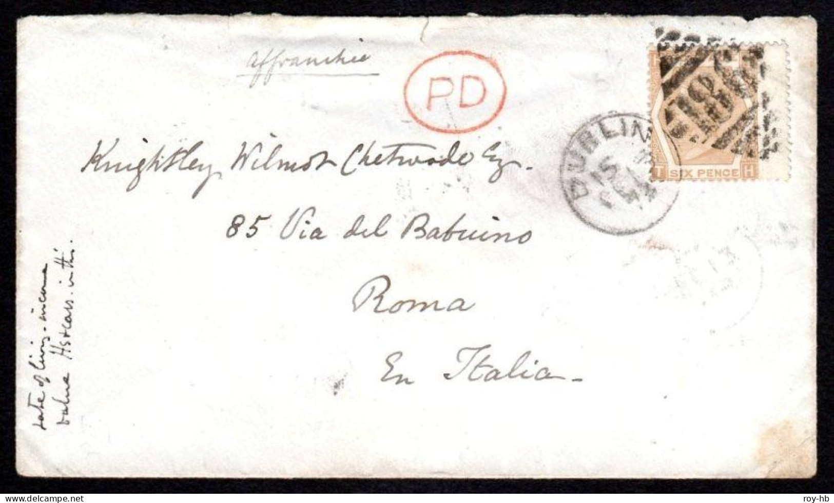 1872 Cover To Rome With 6d Pale Chestnut From Pl.11 Tied By Dublin Duplex, Very Clean, Minute Docketing Left - Vorphilatelie