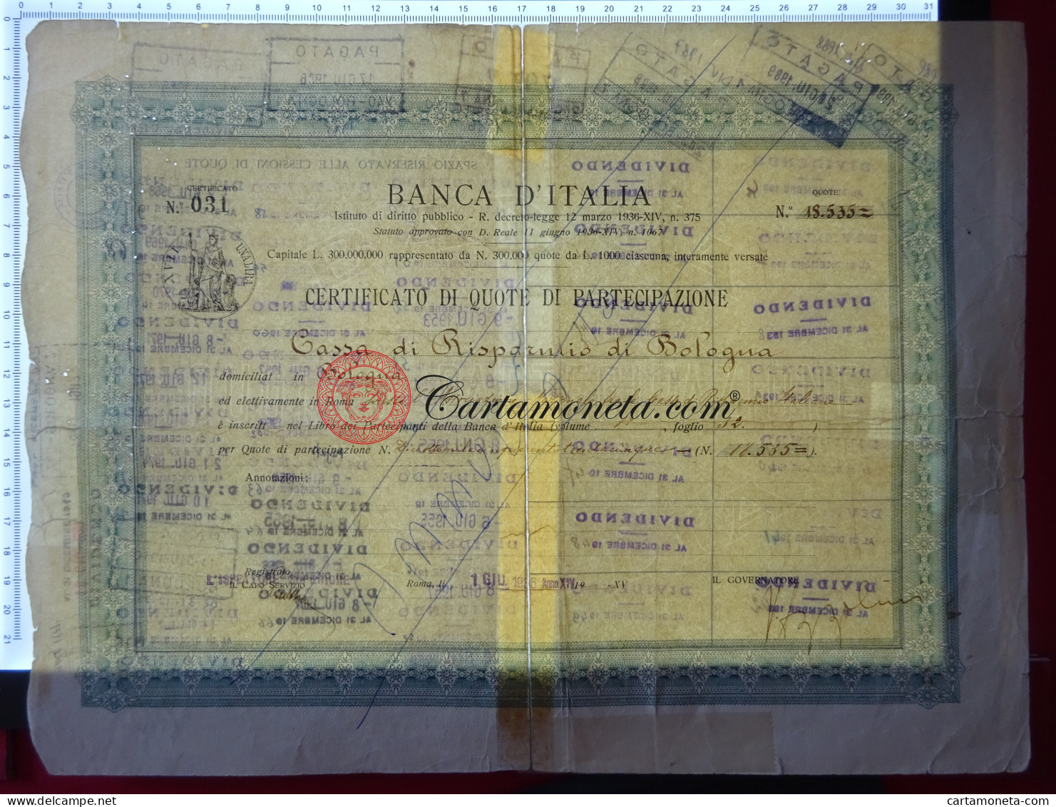 18535 QUOTE CERTIFICATO DI QUOTE PARTECIPAZIONE BANCA D'ITALIA 01/06/1936 MB/BB - [ 7] Errors & Varieties