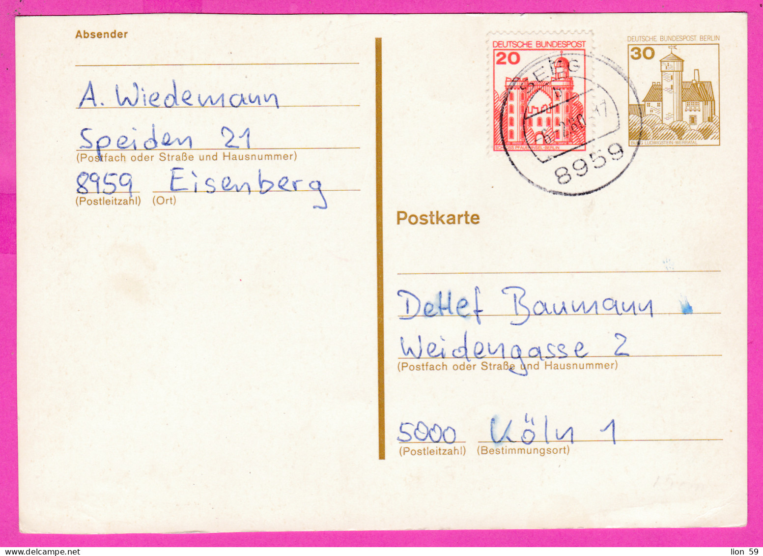 295760 / Germany BRD Berlin 1980 - 20+30 Pf. (Burg Ludwigstein Werratal) Schloss Pfaueninsel Berlin , Seeg -Köln PSC - Postales - Usados