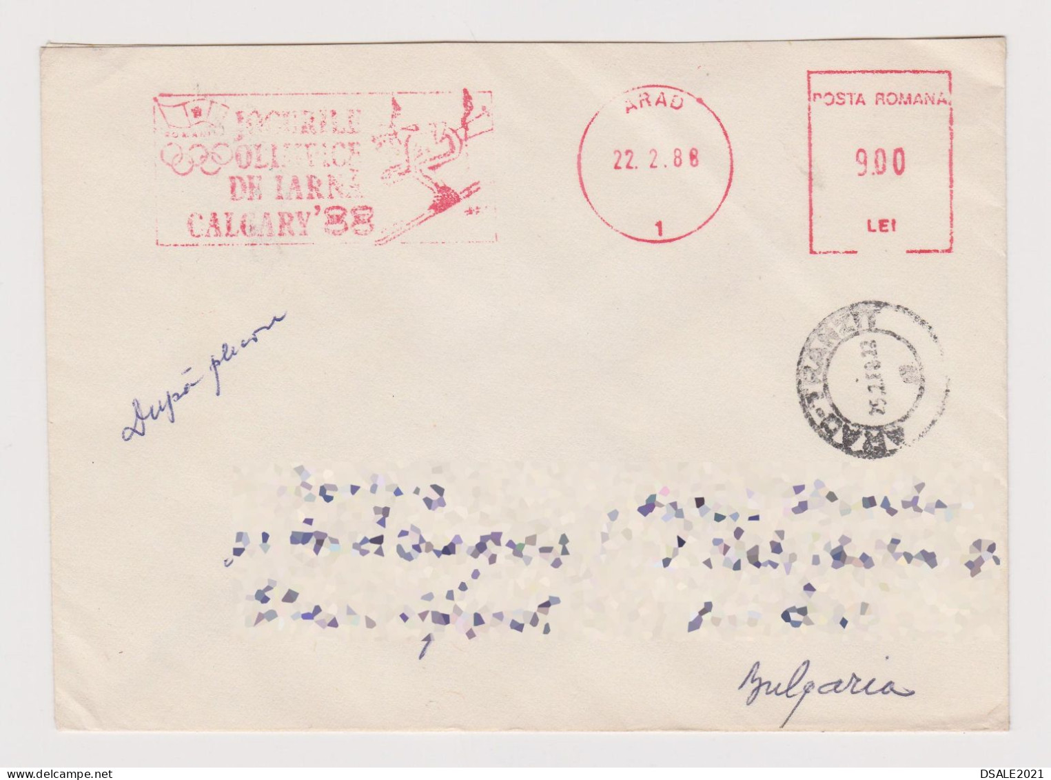 Romania Rumänien 1988 Cover W/Topic Stamp, Sport Calgary 1988 Winter Olympics EMA METER Postmark Skiing, Abroad (66358) - Machines à Affranchir (EMA)