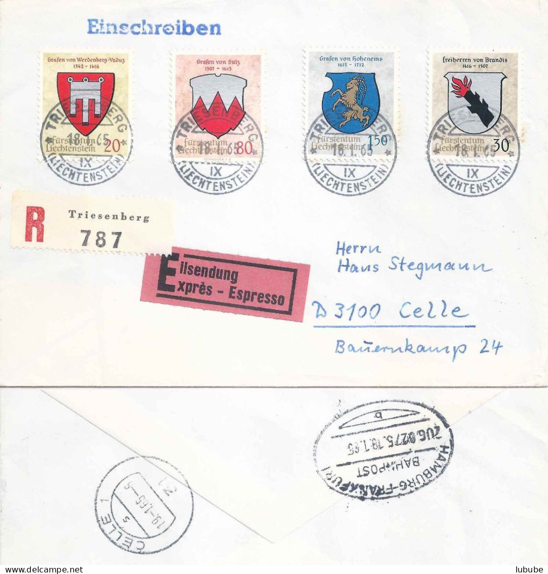 R Express Brief  "Wappen I"  Triesenberg - Celle       1965 - Covers & Documents