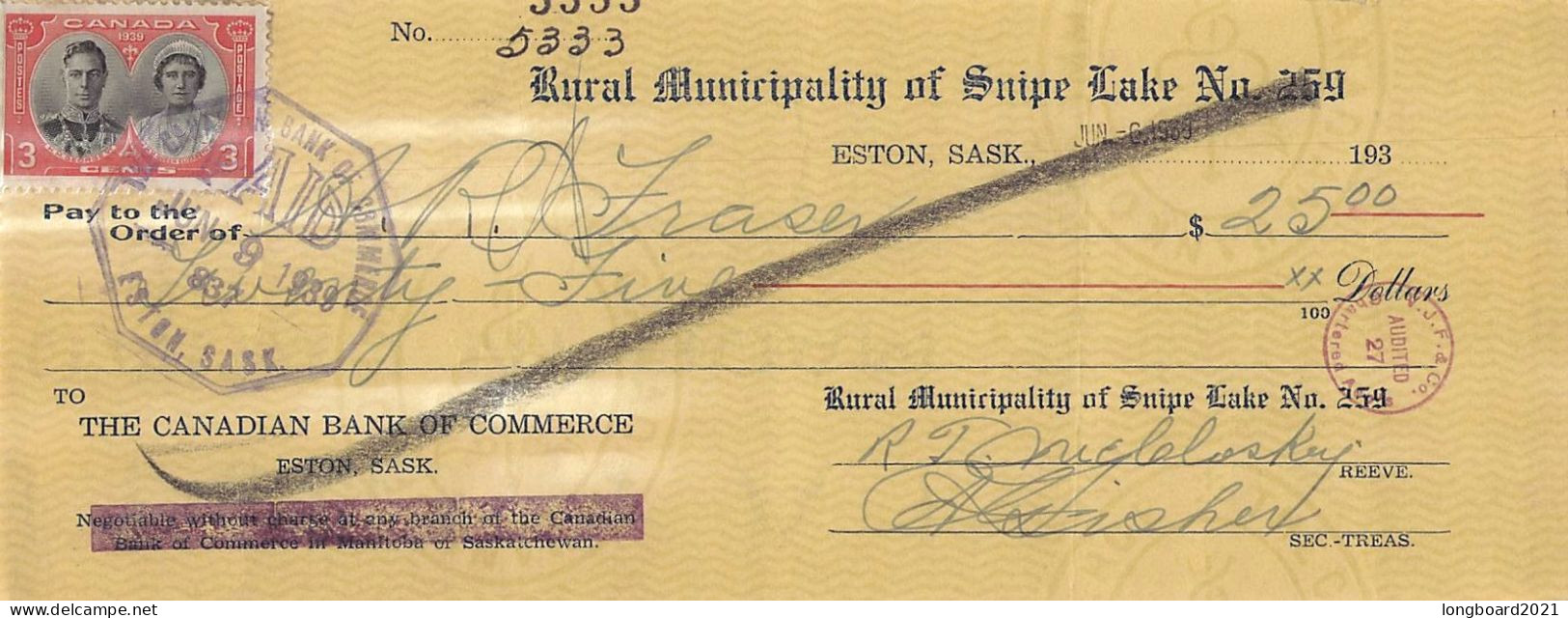 CANADA - CHEQUE 1939 With STAMP 3c  / *416 - Lettres & Documents