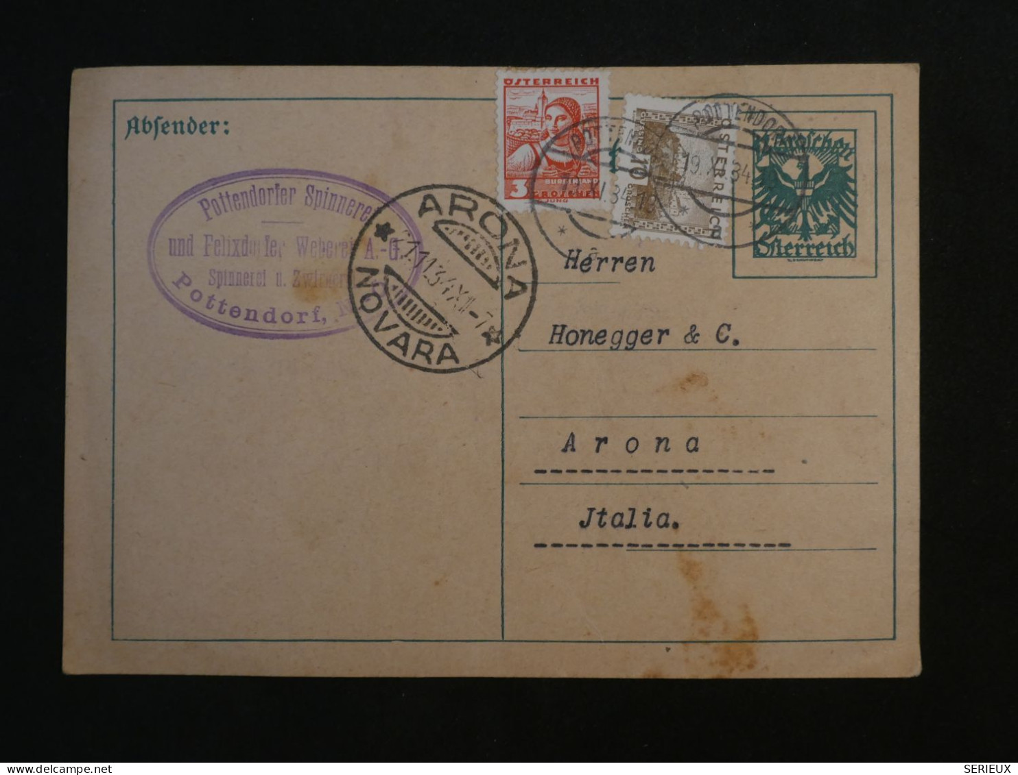BV7 OSTERREICH BELLE CARTE  ENTIER 1934 POTTENDORF  A  ARONA ITALIA++AFF. PLAISANT+ - Letter-Cards
