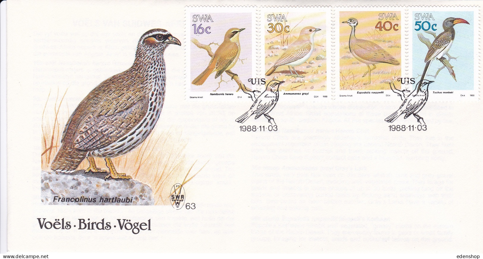 SOUTH WEST AFRICA 1988 4 First Day Covers FDC 60,61,62,63 - Storia Postale