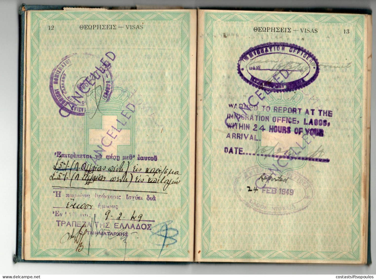 1558,GREECE,UK,NIGERIA 1948-1958 COMPLETE 72 PAGES GREEK PASSPORT(FAULTS)90 STAMPS AND REVENUES, 29 SCANS