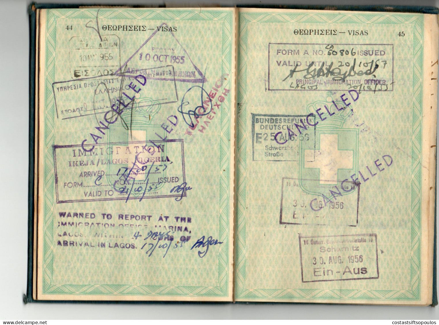 1558,GREECE,UK,NIGERIA 1948-1958 COMPLETE 72 PAGES GREEK PASSPORT(FAULTS)90 STAMPS AND REVENUES, 29 SCANS