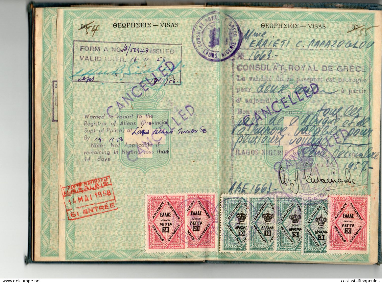 1558,GREECE,UK,NIGERIA 1948-1958 COMPLETE 72 PAGES GREEK PASSPORT(FAULTS)90 STAMPS AND REVENUES, 29 SCANS