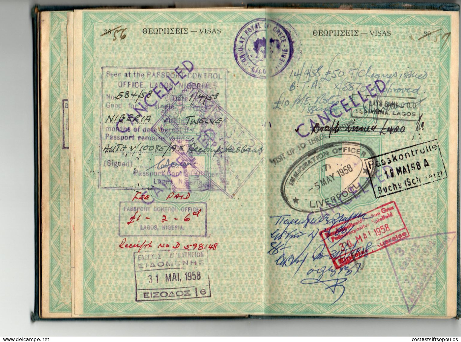 1558,GREECE,UK,NIGERIA 1948-1958 COMPLETE 72 PAGES GREEK PASSPORT(FAULTS)90 STAMPS AND REVENUES, 29 SCANS