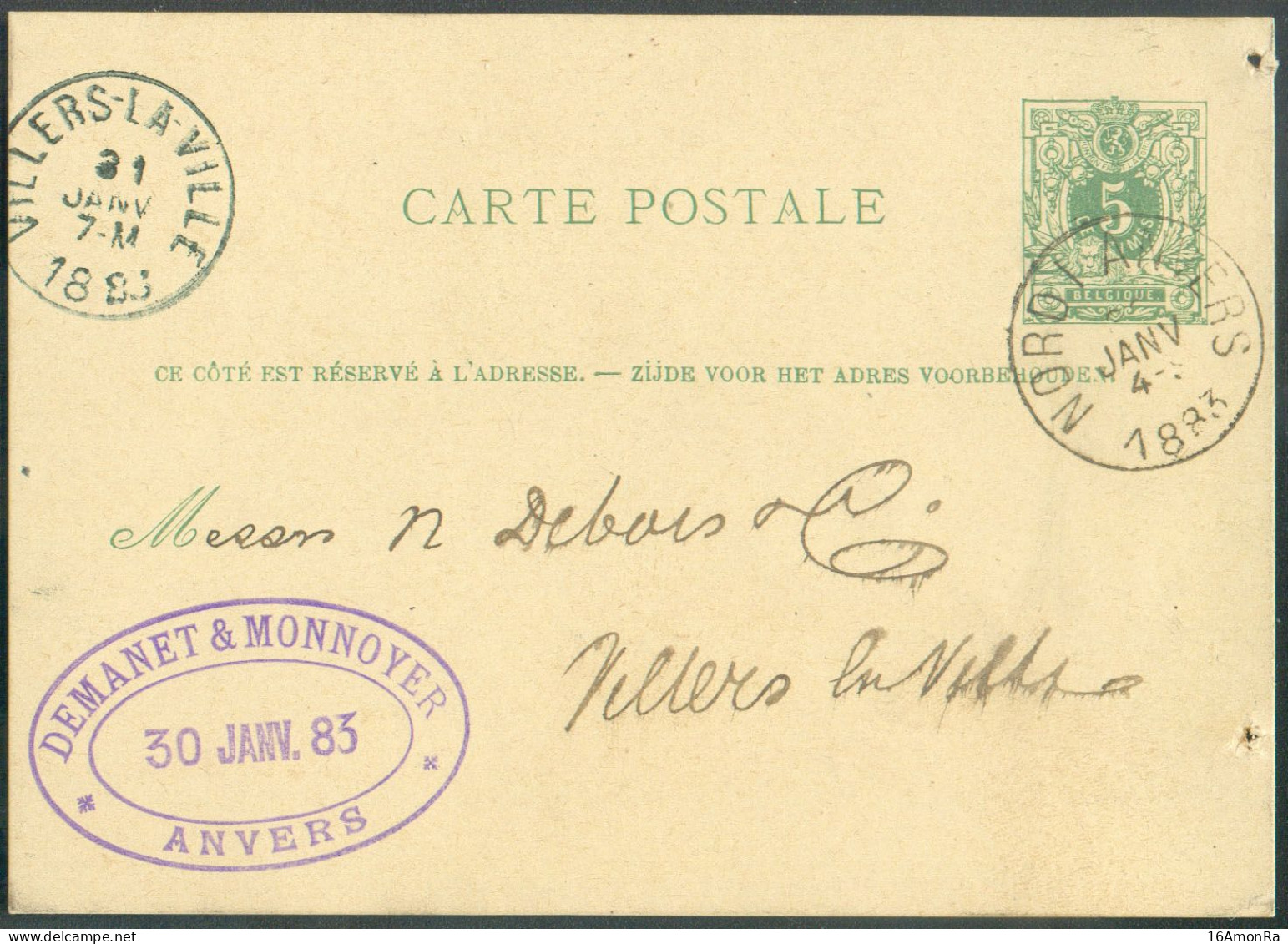 E.P. Carte 5 Centimes Vert Obl; Sc Ambulant NORD I ANVERS  Du 31 Janvier 1883 vers Villers-la-Ville - 21349 - Tarjetas 1871-1909