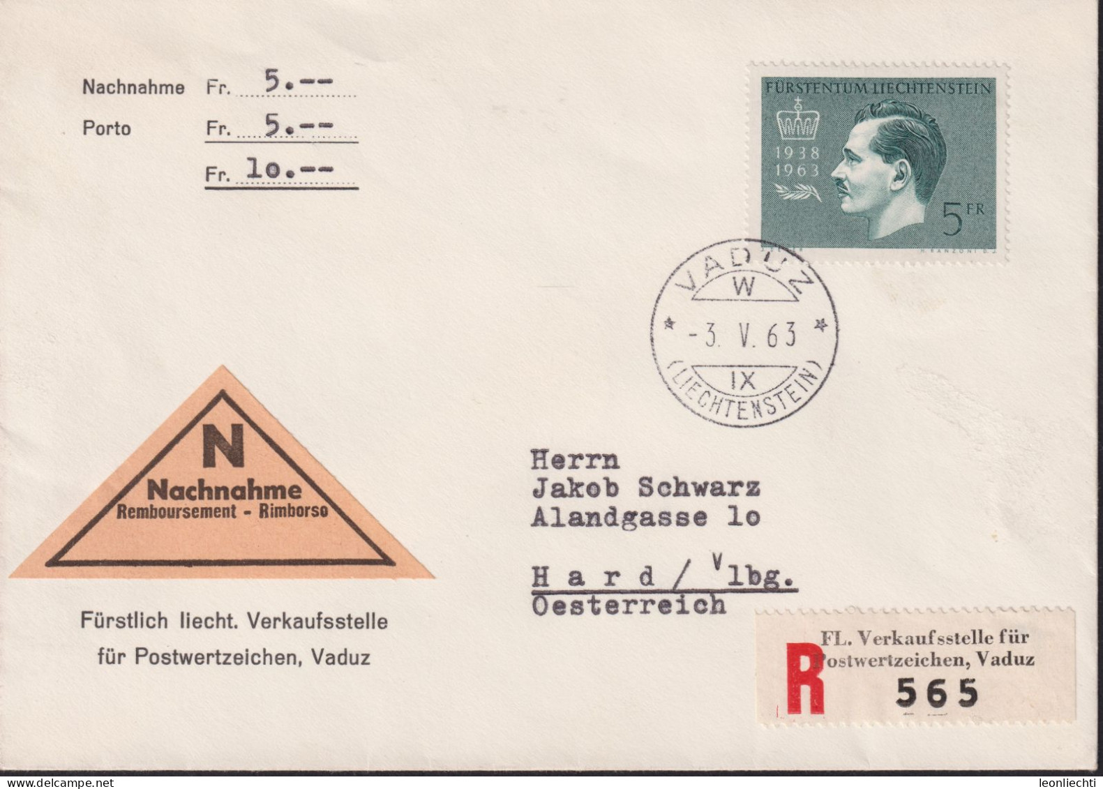 1963 Liechtenstein Nachnahme MI:LI 427, Yt:LI 377, Zum.LI 364,  Fürst Franz Josef II - Storia Postale