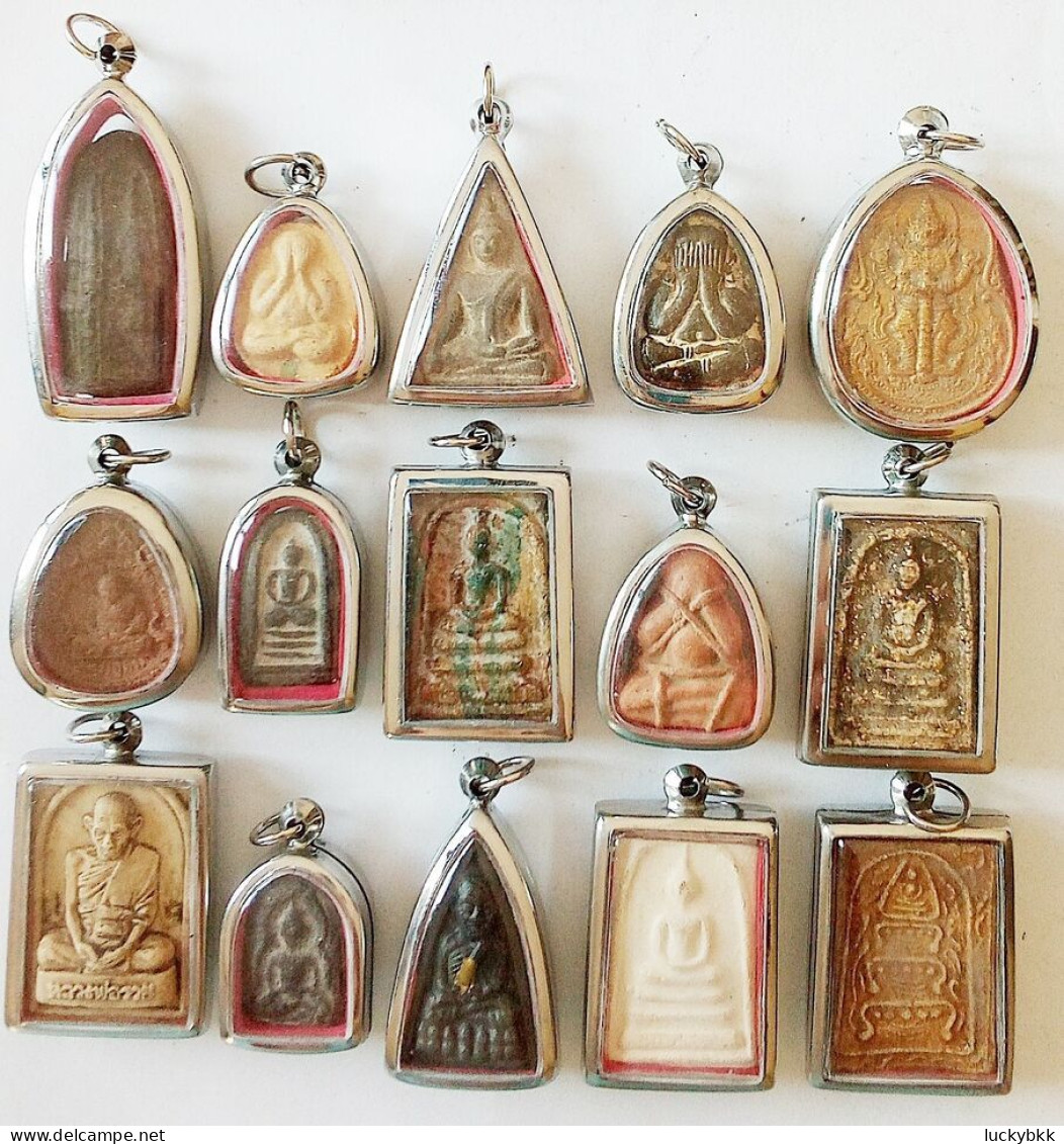 SET OF 15 THAI BUDDHIST BLESSED MEDALLION CLAY AMULETS - Pays