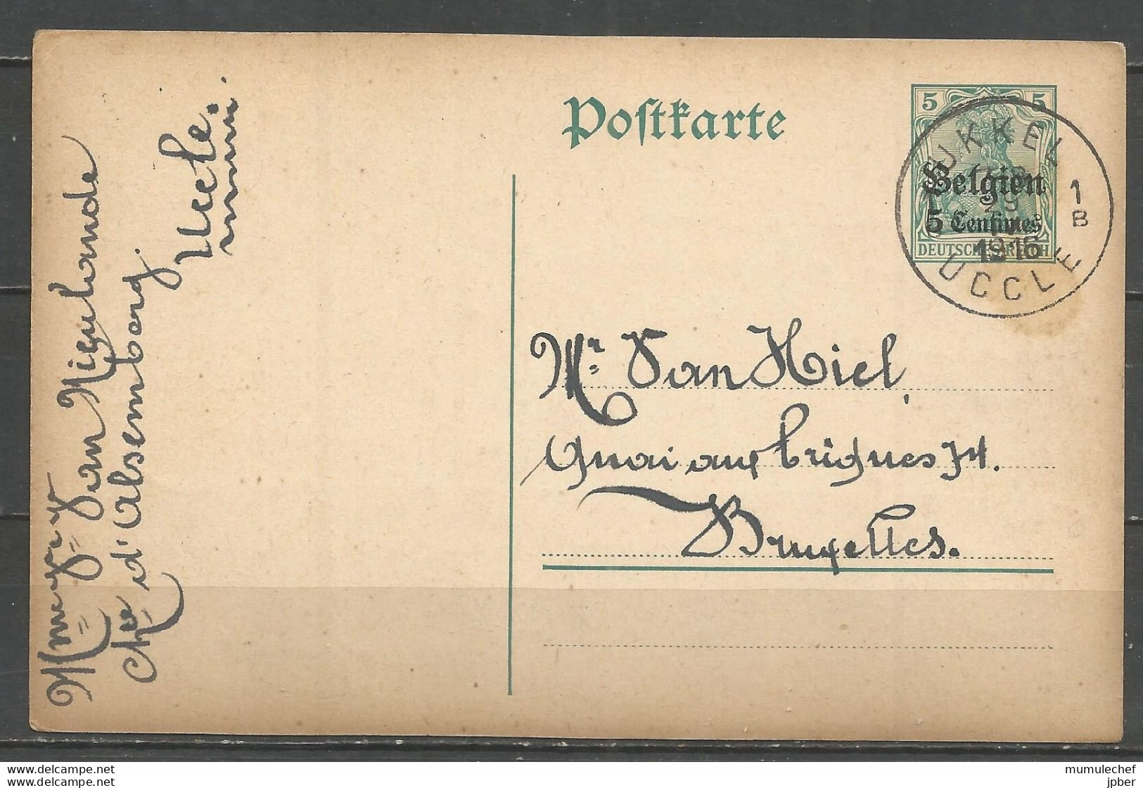 Belgique - Occupation Allemande - Carte Postale Type 1 (OC2) De UCCLE Sans Cachet Contôle Militaire - German Occupation