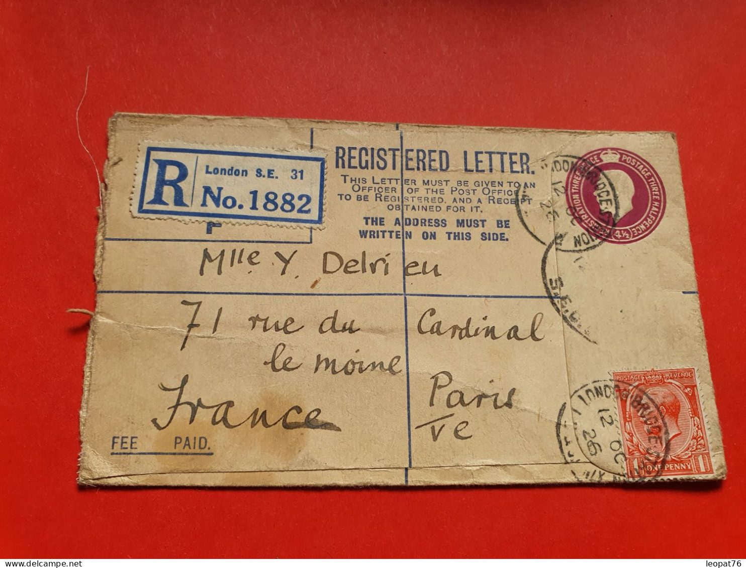 GB - Entier Postal En Recommandé De Londres Pour Paris En 1926, ( Compléments Incomplet ) - Réf 1677 - Luftpost & Aerogramme