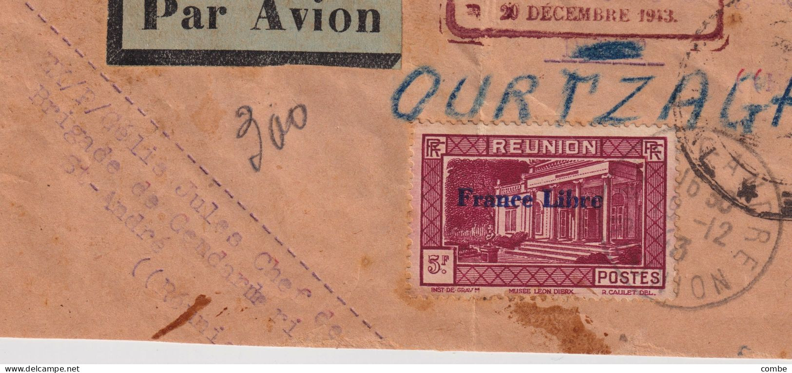 LETTRE. REUNION. 19 12 43. ST ANDRE. FORCES FRANCAISES COMBATTANTES. FRANCE LIBRE. POUR MAROC PAR ST DENIS, FEZ. CENSURE - Briefe U. Dokumente