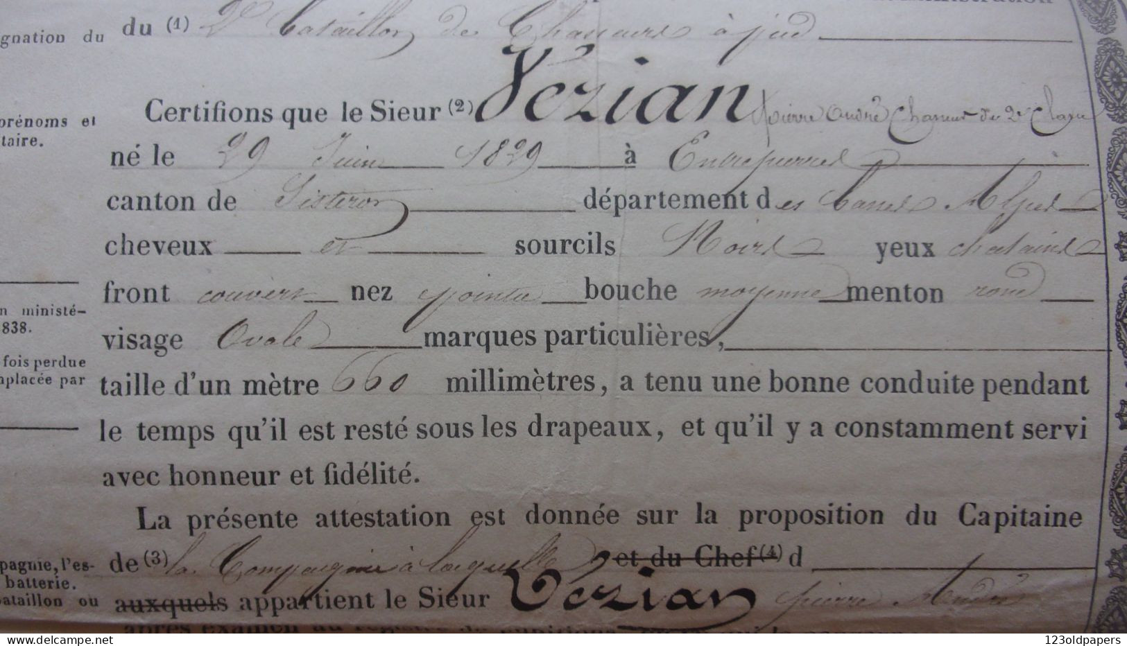 1855 Certificat De Bonne Conduite  2 EME BATAILLON DE CHASSEURS A PIEDS VEZIAN ENTREPIERRES SISTERON BASSES ALPES - Dokumente