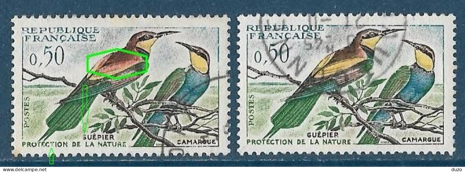 France 1960 - Variété -  Oiseaux Guépiers Y&T N° 1276 Oblitérés Plumage Rouge Au Lieu De Jaune +  1 Normal - Oblitérés