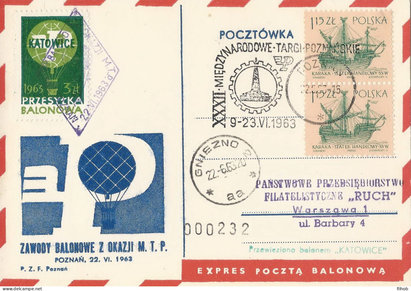 Poland Post - Balloon PBA.1963.poz.kat.03: Competition For The Poznan Fair Cup KATOWICE - Balloons