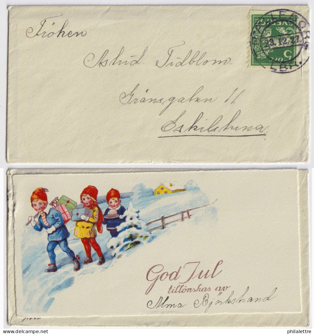 SUÈDE / SWEDEN - 1927 Facit F143A Cancelled "TRÄLLEBORG" On Small Cover With Christmas Card To Eskilskuna - Covers & Documents