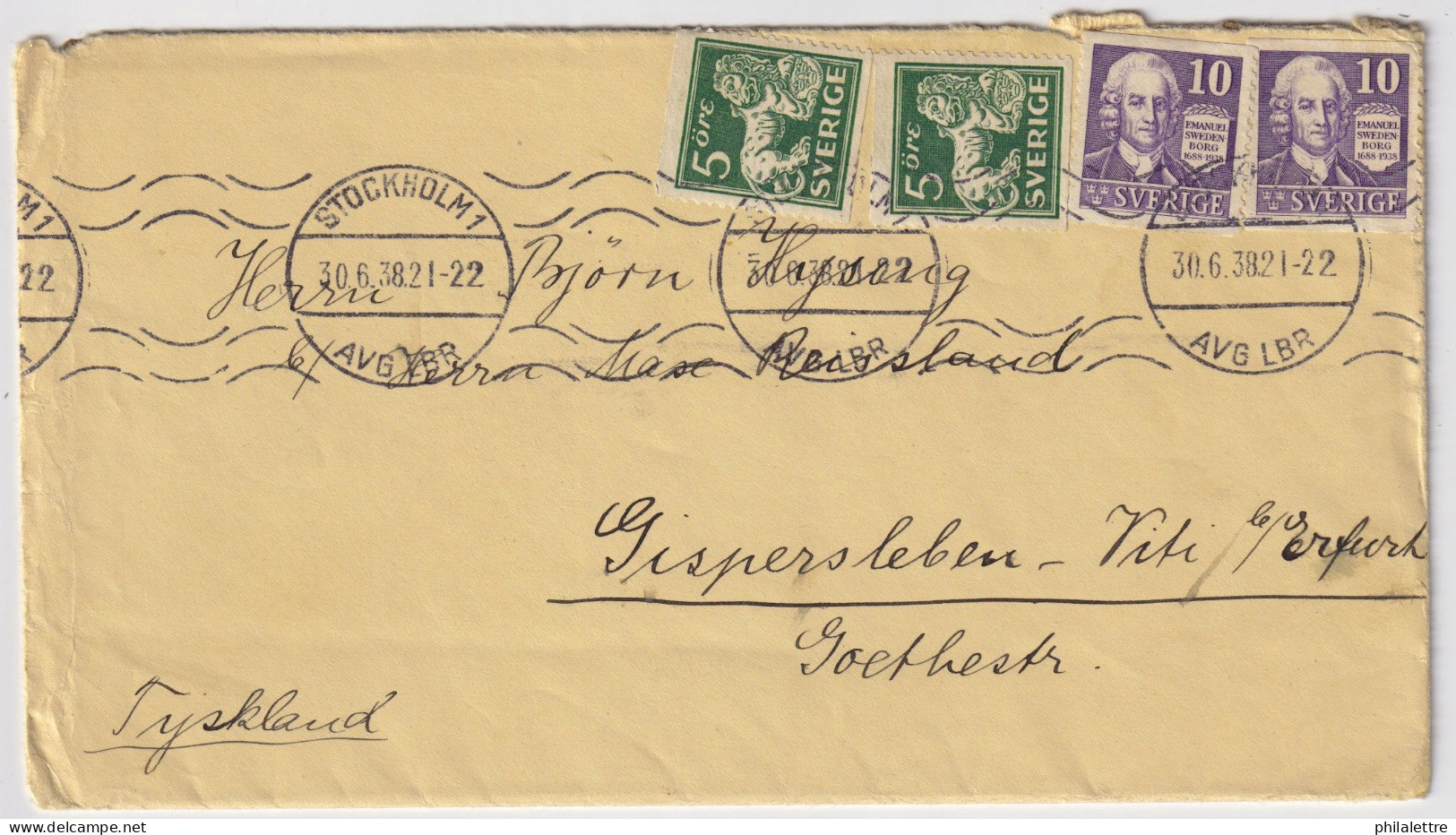 SUÈDE / SWEDEN - 1938 2xFacit F143Eb & 2xF259A On Cover From Stockholm To Germany (with Letter) - Briefe U. Dokumente