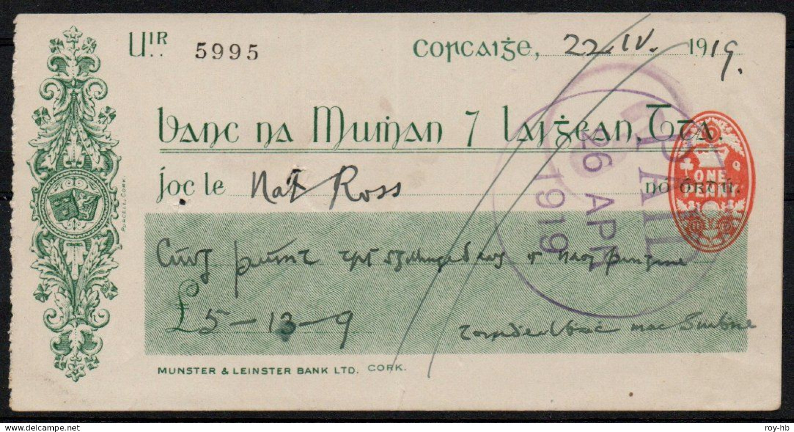 Political, 1919 Cheque In Irish Signed By Terence MacSwiney With 1d Red Stamp-duty - Vorphilatelie