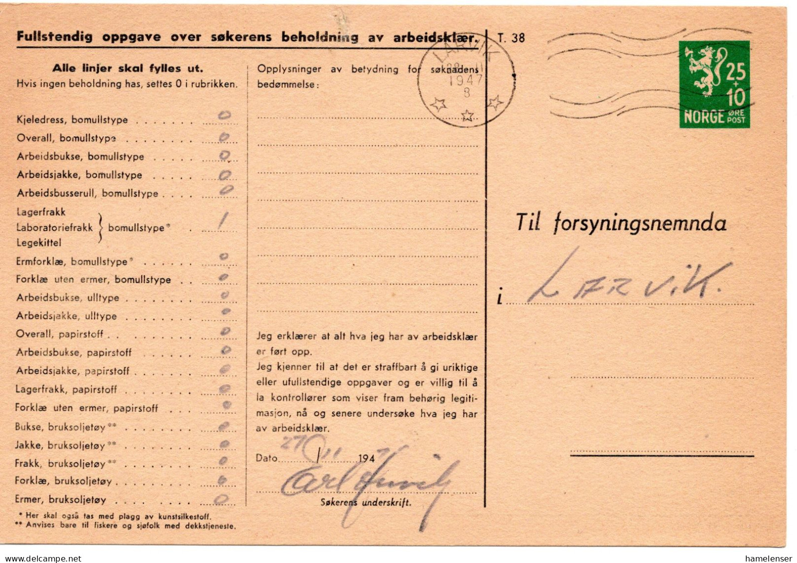 68059 - Norwegen - 1947 - 25+10o Wappen GAKte "Arbeitskleidung" Als OrtsKte LARVIK - Storia Postale