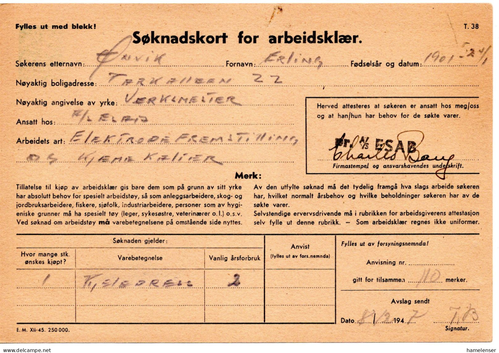 68059 - Norwegen - 1947 - 25+10o Wappen GAKte "Arbeitskleidung" Als OrtsKte LARVIK - Lettres & Documents