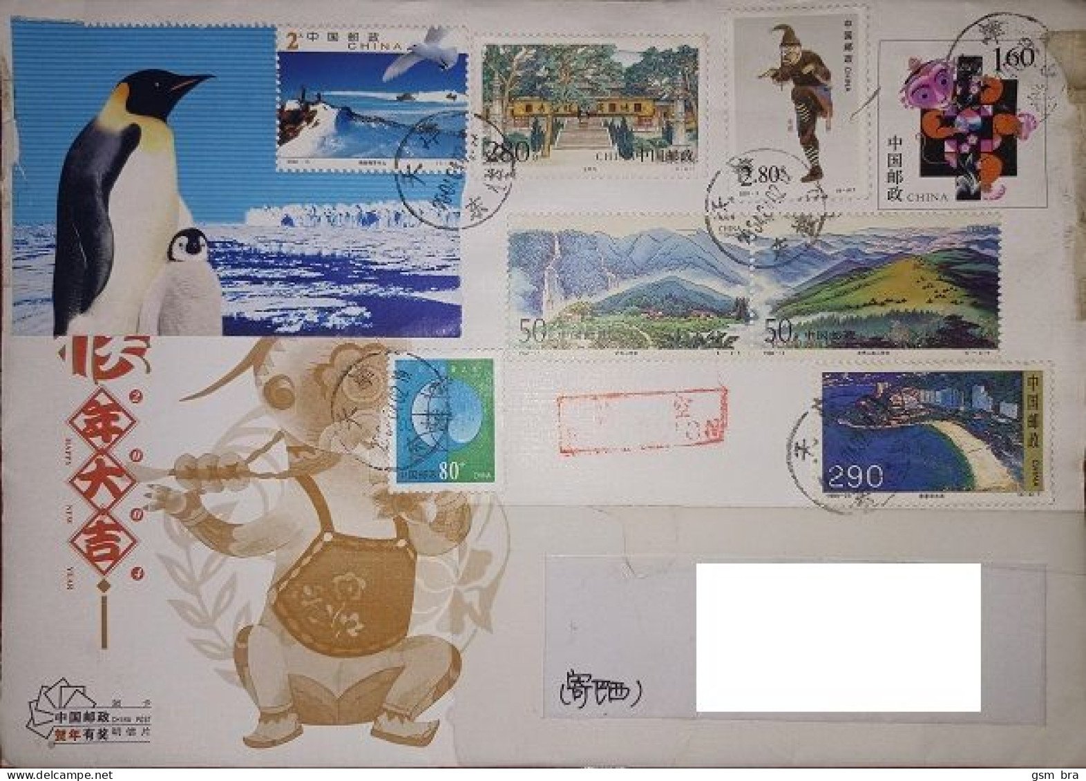 China (PR) 2004: Letter To Brazil - Year Of The Monkey, Chinese Lunar Calendar, Antarctica, Penguins, Bird, Landscapes. - Briefe U. Dokumente